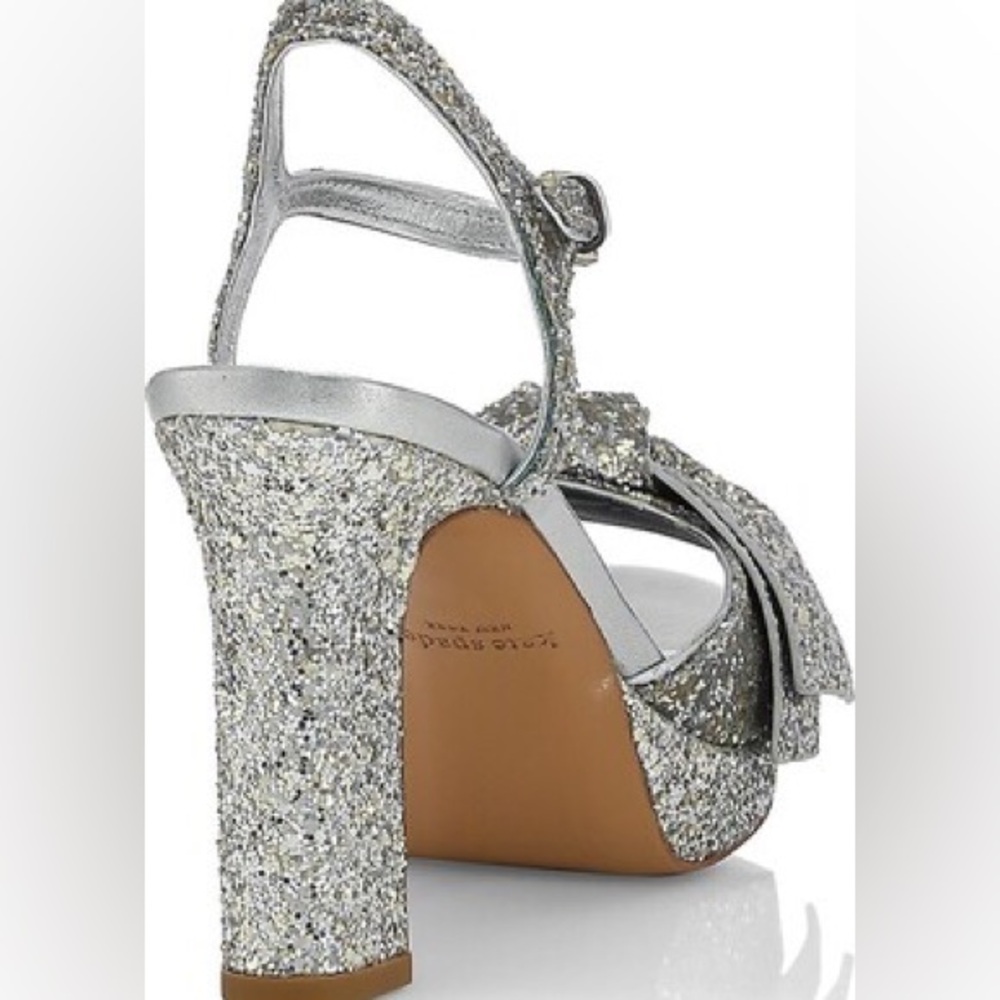 Kate Spade Miya Silver Glitter Bow Ankle Wrap Open Toe Platform new no box - Picture 7 of 8